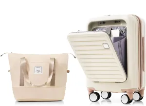 20-Inch Expandable Carry-On Luggage Set with Travel Bag, ABS Hard Shell, USB Port, and Cup Holder, Ivory and Golden