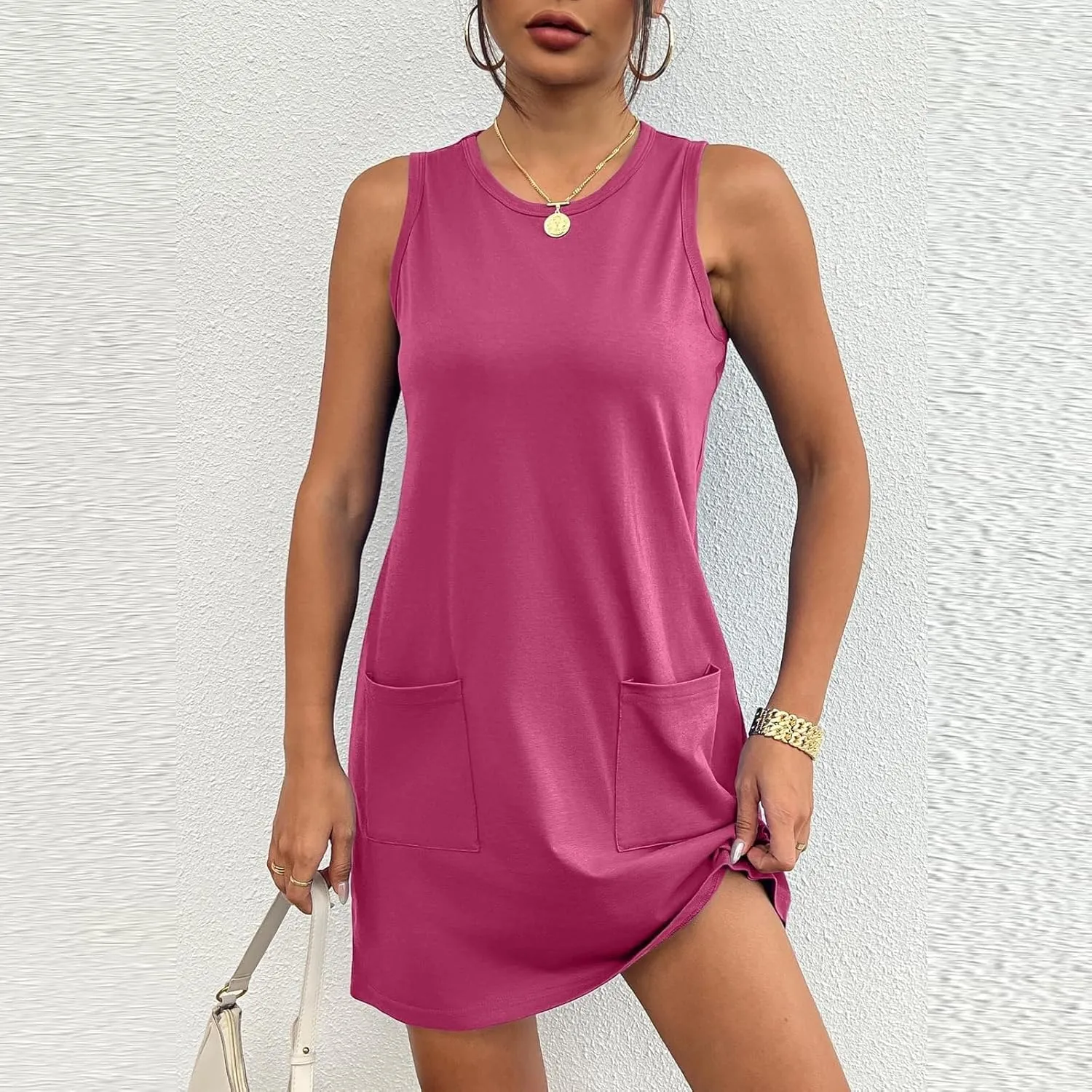 2025 Women's Beach Sundress Sleeveless Petite Loose Fit Tank Mini Dresses Casual Vacation Summer Beachwear