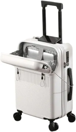21-Inch Hardshell Carry-On Luggage with USB Port, Front Opening, Cup Holder, White