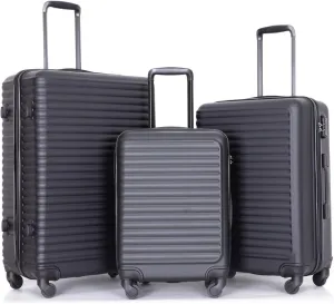 3 Piece Luggage Set Lightweight ABS Suitcases with 360 Spinner Wheels and Hooks, Black