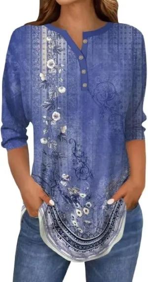 3/4 Length Sleeve Womens Tops 2025 Floral Button Up V Neck Spring Hippie Top Loose Fit Western Boho Shirts