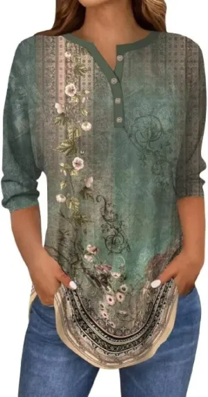 3/4 Length Sleeve Womens Tops 2025 Floral Button Up V Neck Spring Hippie Top Loose Fit Western Boho Shirts