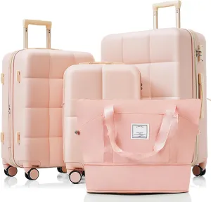4 Piece Luggage Set with USB Port, Expandable Hard Shell Suitcase, Spinner Wheels and Travel Bag, Pink