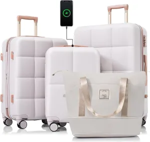4 Piece Luggage Sets Travel with USB & Expandable Space - ABS Hard Shell Suitcases, 20-inch with Spinner Wheels - Light Grey