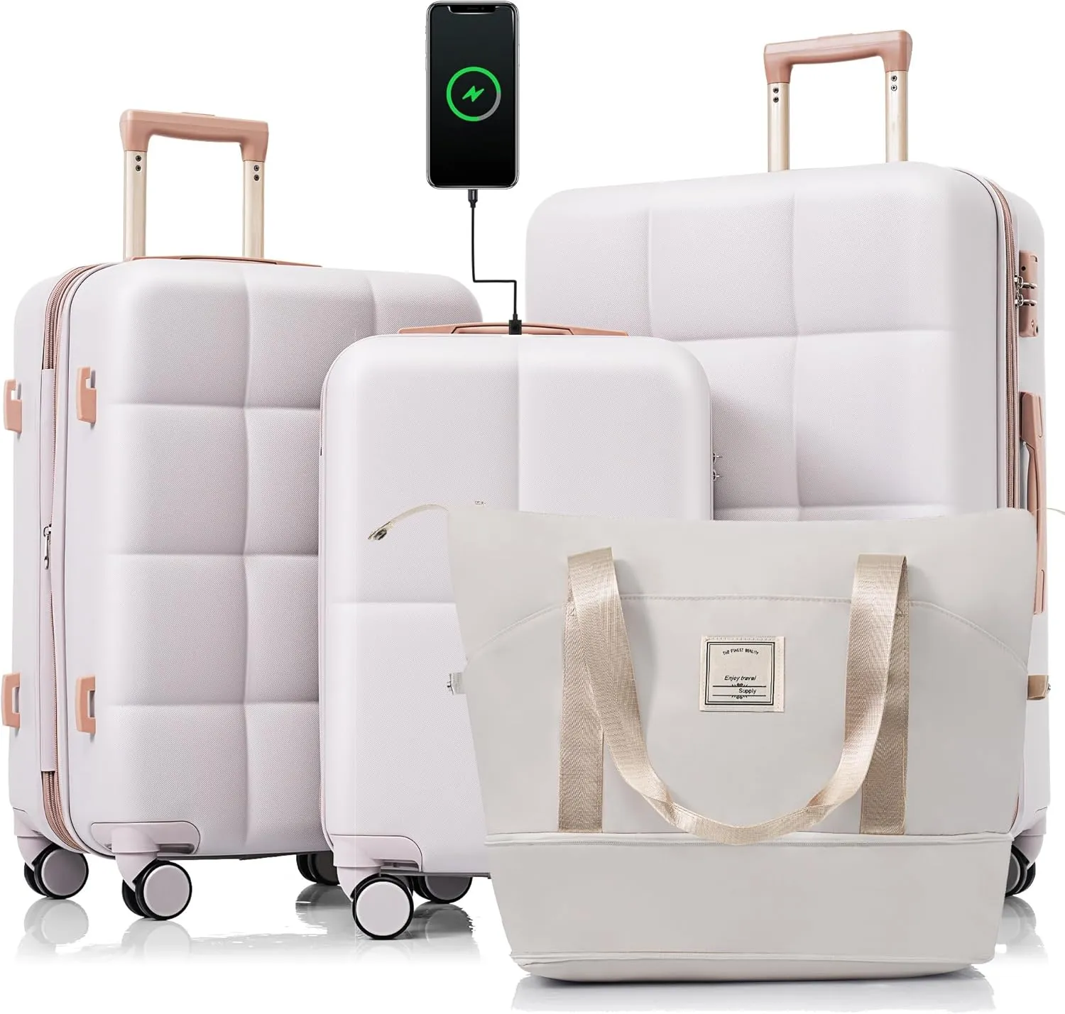 4 Piece Luggage Sets Travel with USB & Expandable Space - ABS Hard Shell Suitcases, 20-inch with Spinner Wheels - Light Grey