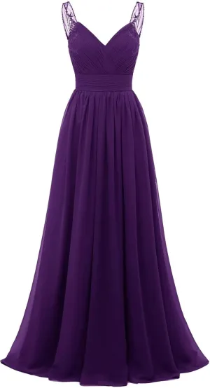 A-line Ruched Chiffon Bridesmaid Dress for Women, V Neck Wedding Party Dress Spaghetti Strap Formal Evening Gown