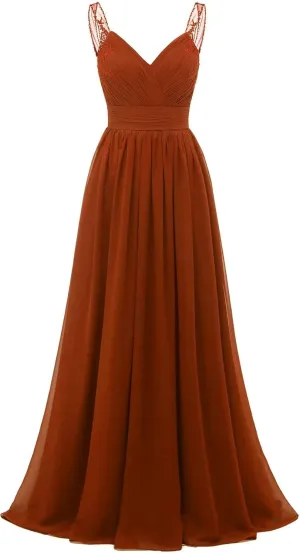 A-line Ruched Chiffon Bridesmaid Dress for Women, V Neck Wedding Party Dress Spaghetti Strap Formal Evening Gown