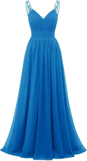 A-line Ruched Chiffon Bridesmaid Dress for Women, V Neck Wedding Party Dress Spaghetti Strap Formal Evening Gown