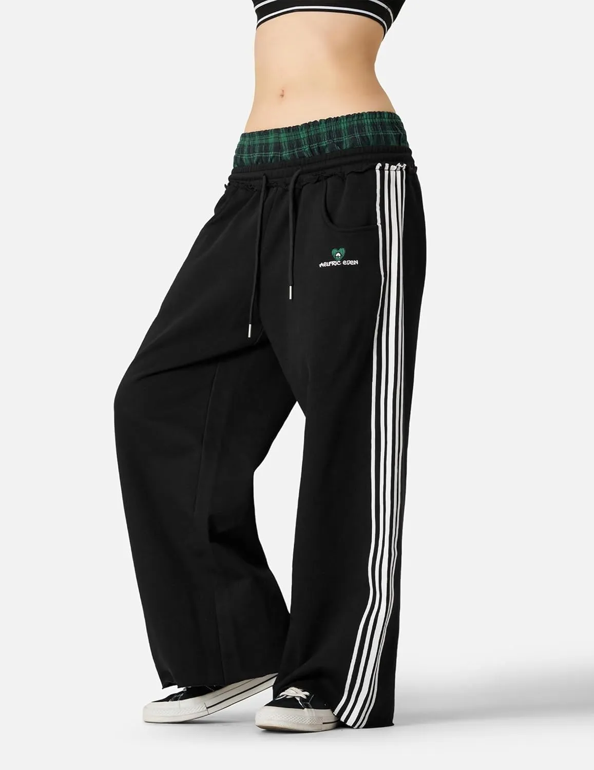 Aelfric Eden Baggy Wide Leg Sweatpants for Women Plaid Patchwork Sweat Pants Loose Long Pants with Pockets