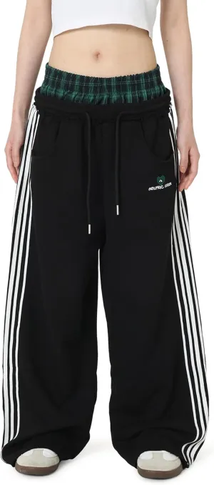 Aelfric Eden Baggy Wide Leg Sweatpants for Women Plaid Patchwork Sweat Pants Loose Long Pants with Pockets