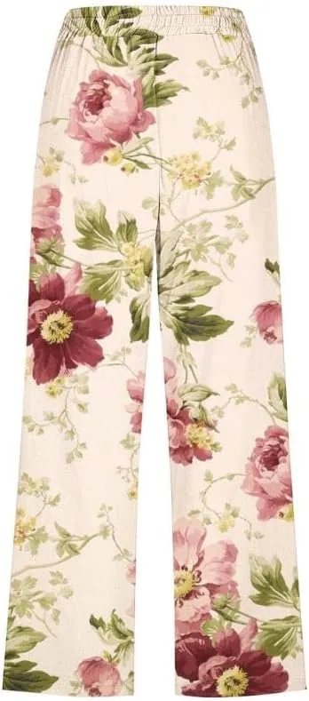 Akivide Women Casual Floral Print Linen Pant Summer Boho High Waist Straight Wide Leg Beach Lounge Capri Trouser with Pocket