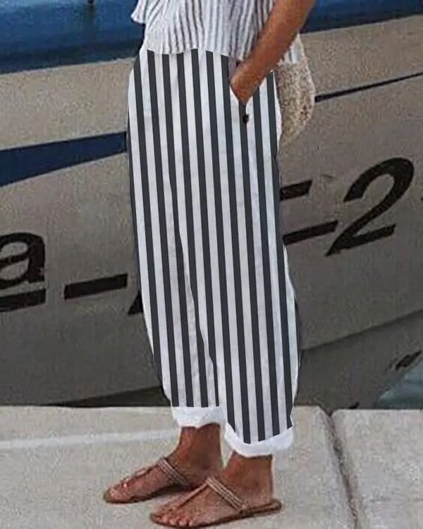 Akivide Women Casual Floral Print Linen Pant Summer Boho High Waist Straight Wide Leg Beach Lounge Capri Trouser with Pocket