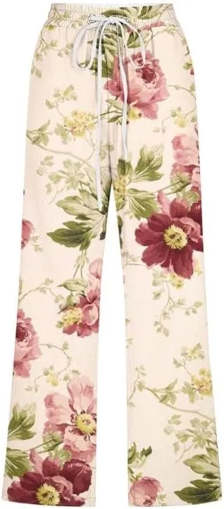Akivide Women Casual Floral Print Linen Pant Summer Boho High Waist Straight Wide Leg Beach Lounge Capri Trouser with Pocket