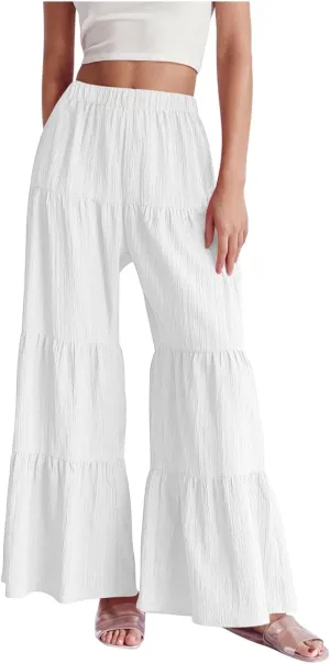 Akklian Flowy Pants for Women Boho Elastic High Waist Ruffle Tiered Wide Leg Beach Palazzo Pants Loose Casual Summer Trousers