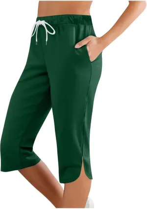 Akklian Summer Leggings with Pockets for Women Straight Wide Leg Cropped Trousers Drawstring Elastic Waist Side Slit Trousers