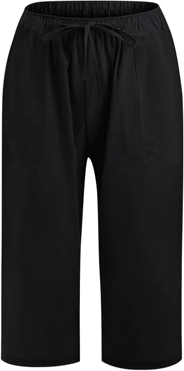 Akklian Womens Cotton Linen Pants Elastic Waisted Wide Leg Drawstring Casual Loose Trousers Beach Summer Pants with Pockets