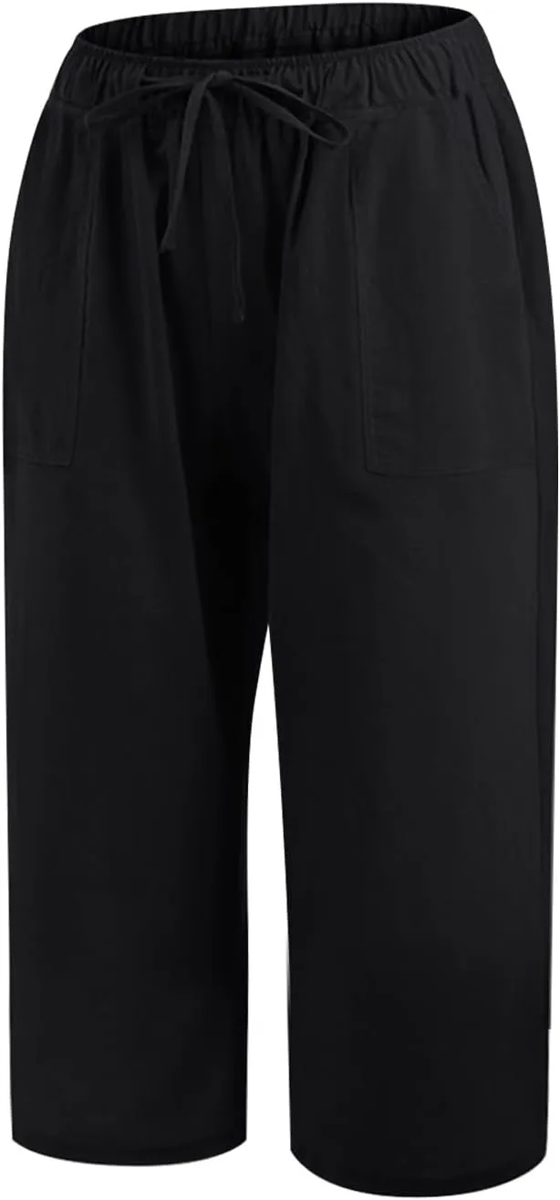 Akklian Womens Cotton Linen Pants Elastic Waisted Wide Leg Drawstring Casual Loose Trousers Beach Summer Pants with Pockets