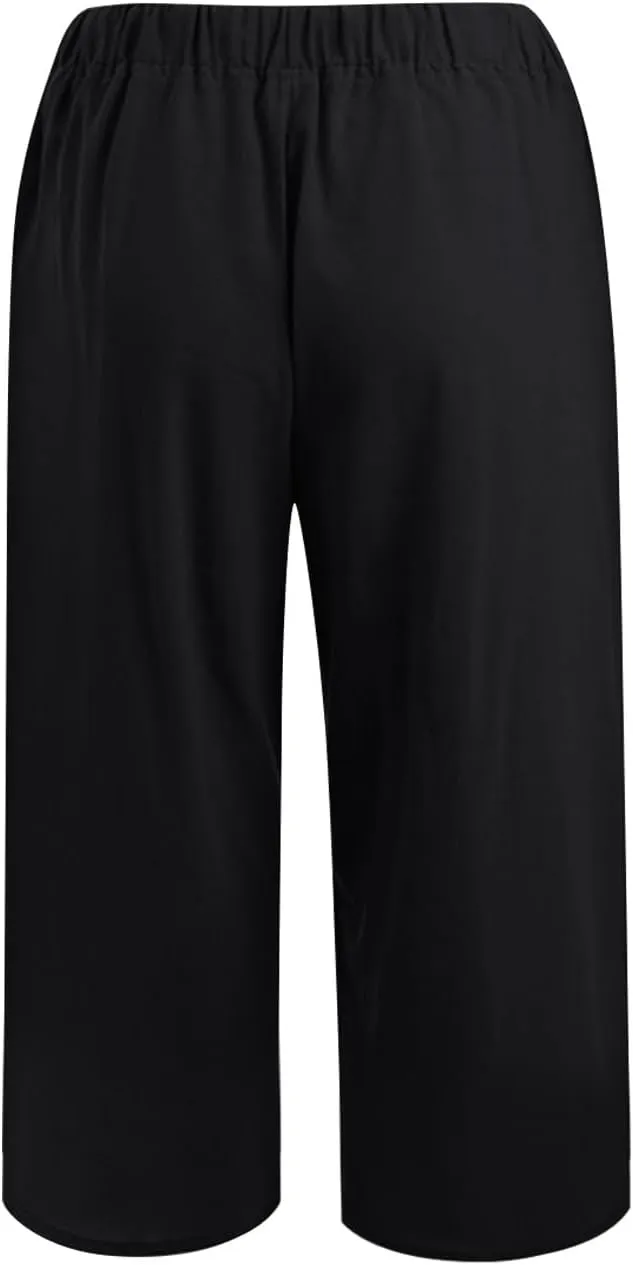 Akklian Womens Cotton Linen Pants Elastic Waisted Wide Leg Drawstring Casual Loose Trousers Beach Summer Pants with Pockets
