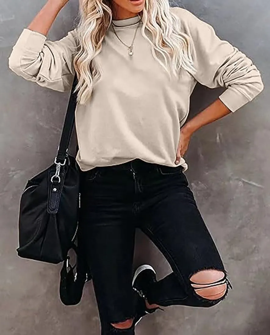 ALUS Womens Casual Crewneck Sweatshirt Long Sleeve Tops Cute Pullover Loose Fit