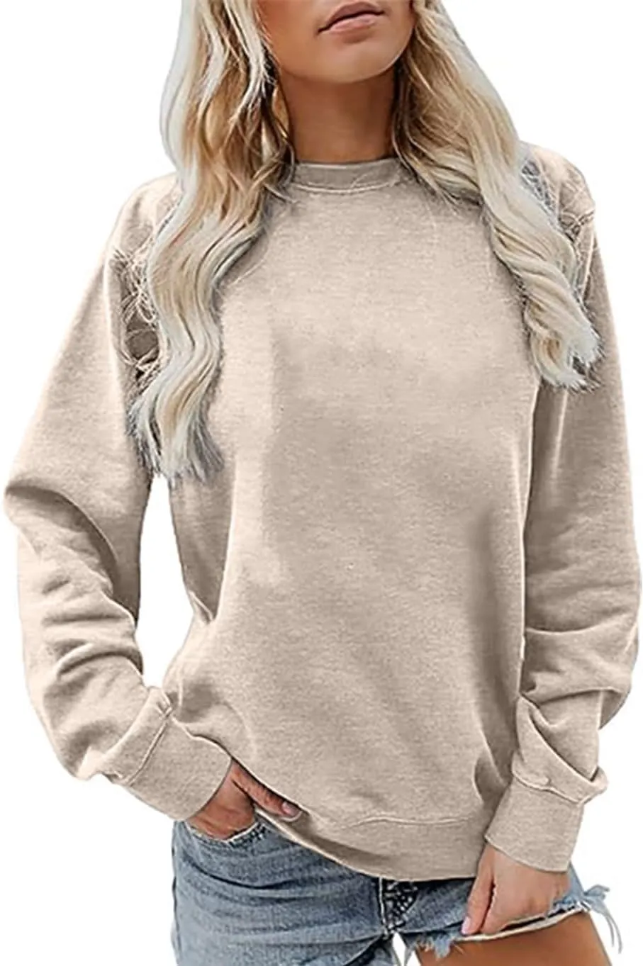 ALUS Womens Casual Crewneck Sweatshirt Long Sleeve Tops Cute Pullover Loose Fit