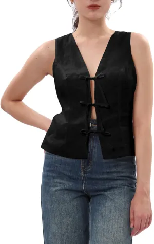 Amazhiyu Women's 100% Linen Tie Front Crop Tops Sleeveless Summer Casual Vest