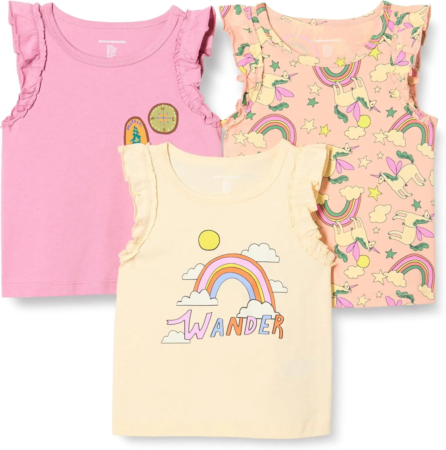 Amazon Essentials Girls and Toddlers' Ruffle Tank Tops, Pack of 3