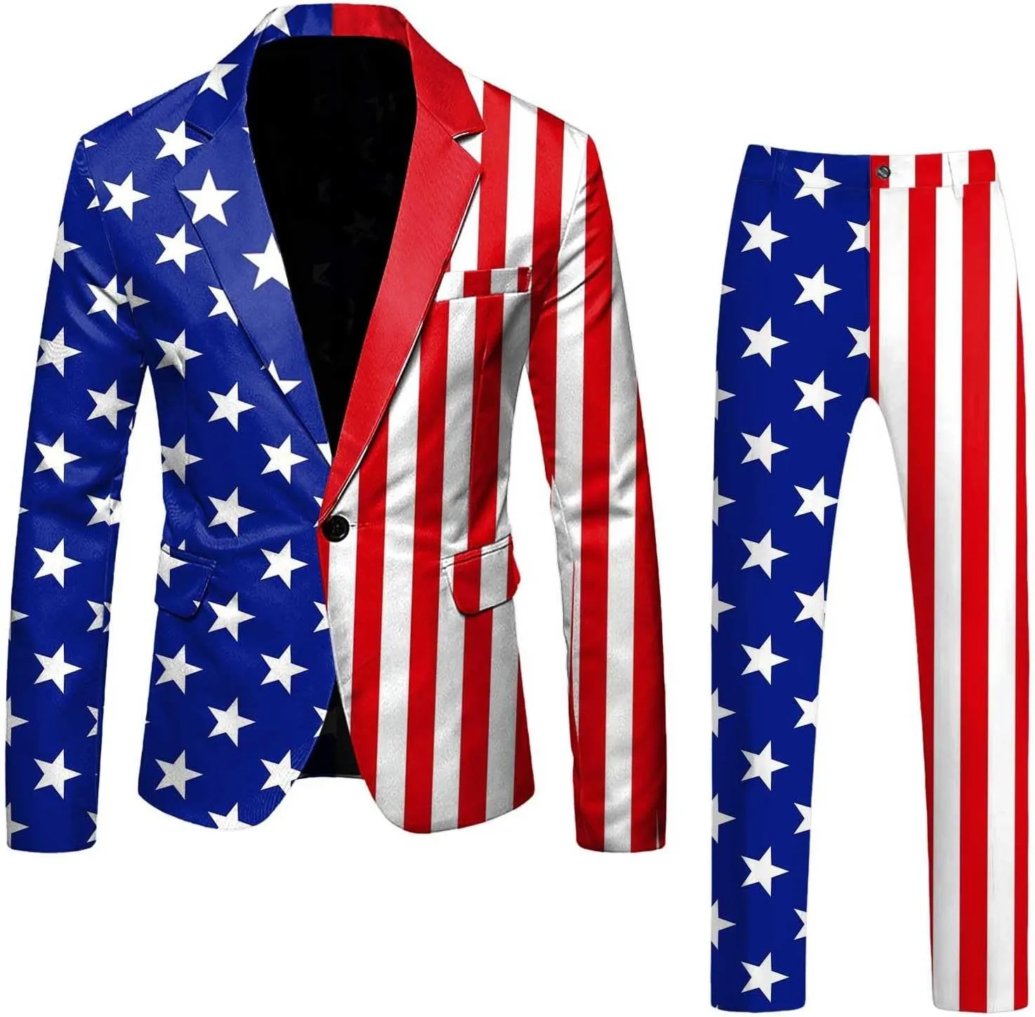American Flag Suit for Men USA Outfit for The 4th of July with Pants United Stripes Formal Dress Jacket 2024