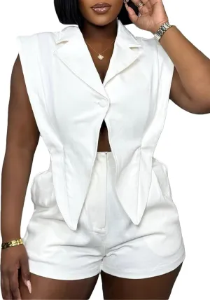 Annystore Women Blazer Rompers Elegant Sleeveless Button V Neck Tops Formal Short Pants Jumpsuit Romper Business Suit