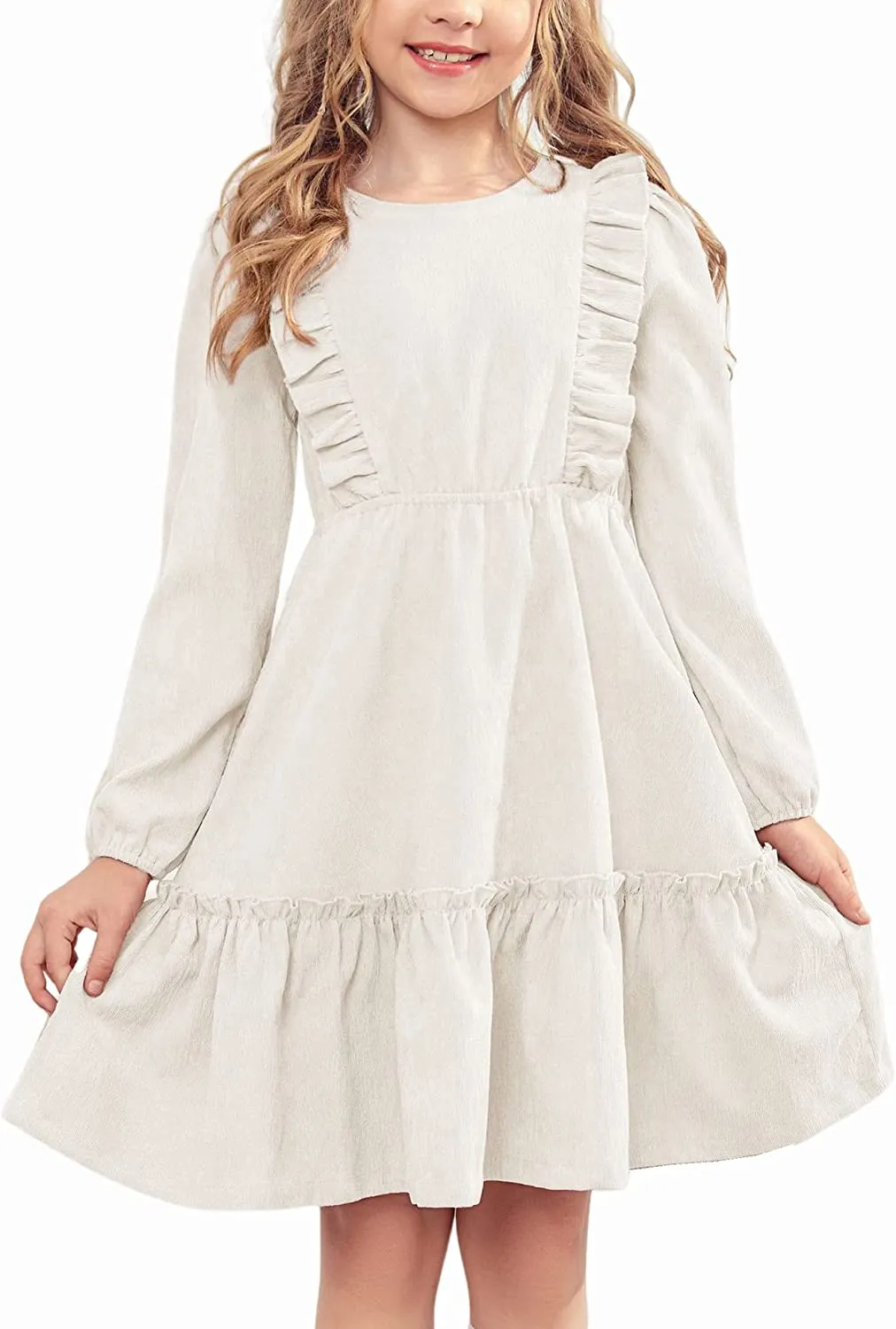Arshiner Girls Dresses A-line Ruffled Button Corduroy Swing Dress