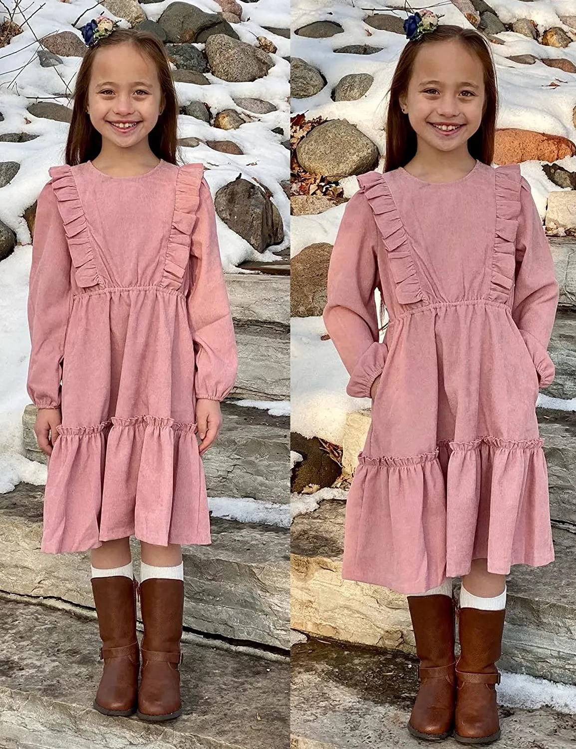 Arshiner Girls Dresses A-line Ruffled Button Corduroy Swing Dress