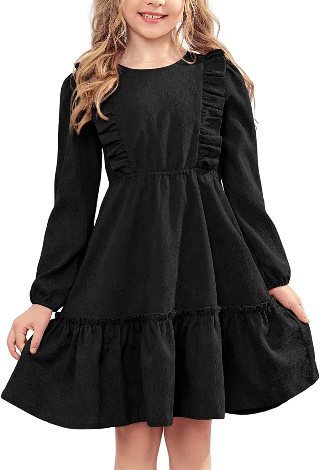 Arshiner Girls Dresses A-line Ruffled Button Corduroy Swing Dress