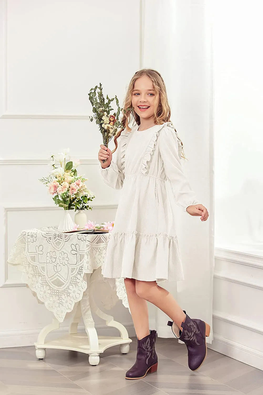 Arshiner Girls Dresses A-line Ruffled Button Corduroy Swing Dress