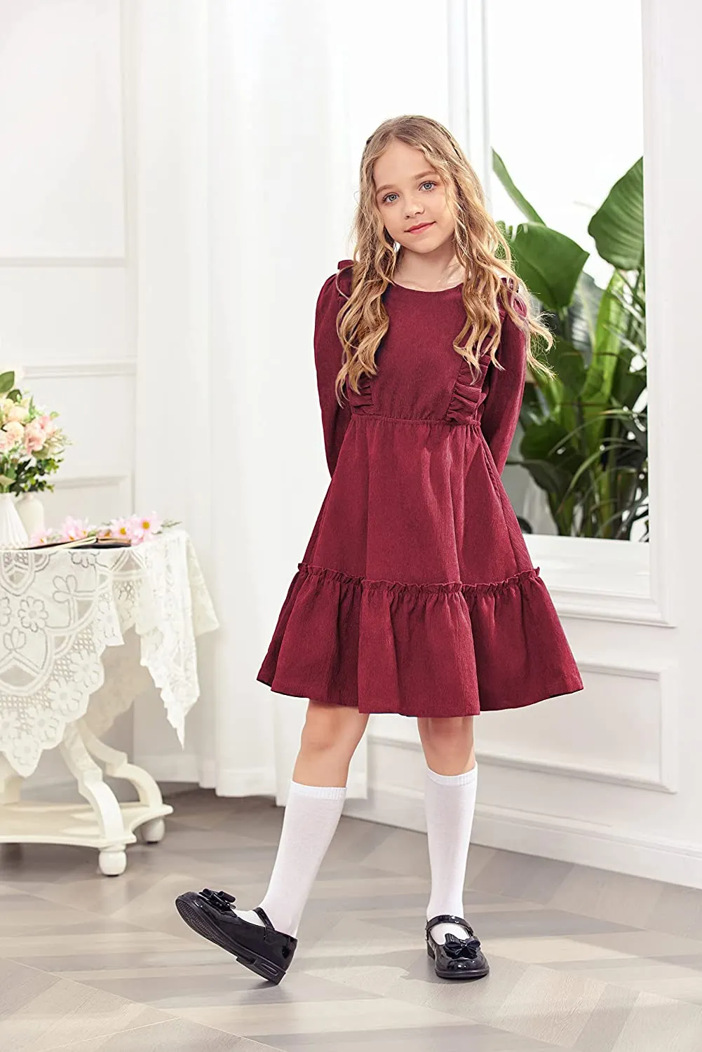 Arshiner Girls Dresses A-line Ruffled Button Corduroy Swing Dress