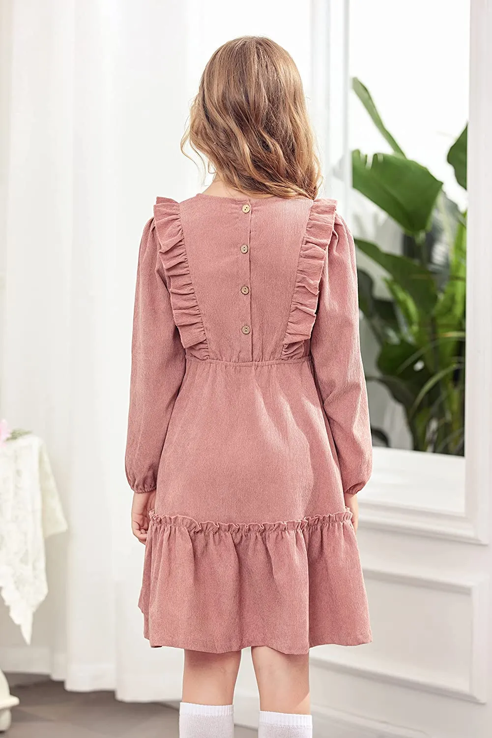 Arshiner Girls Dresses A-line Ruffled Button Corduroy Swing Dress