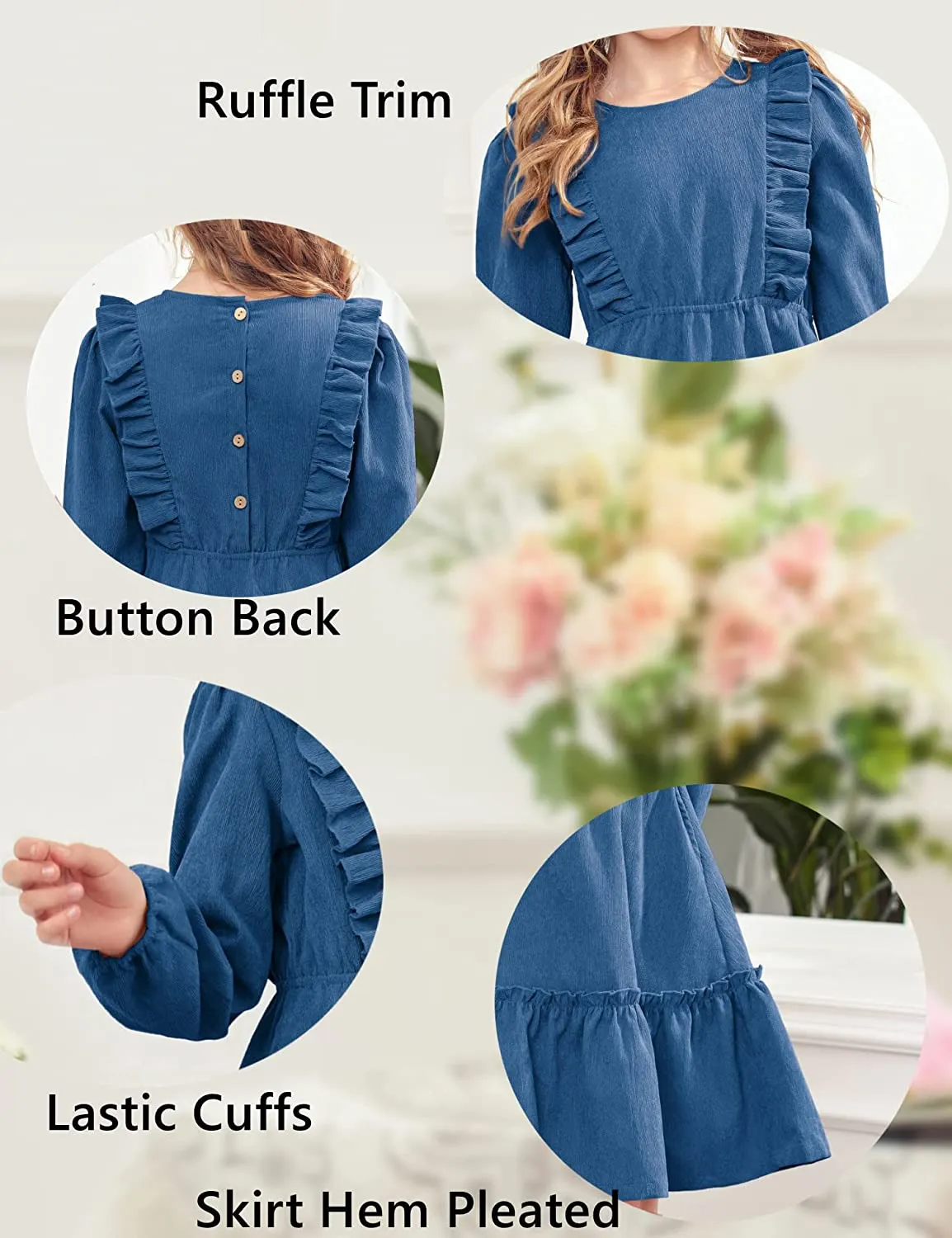 Arshiner Girls Dresses A-line Ruffled Button Corduroy Swing Dress