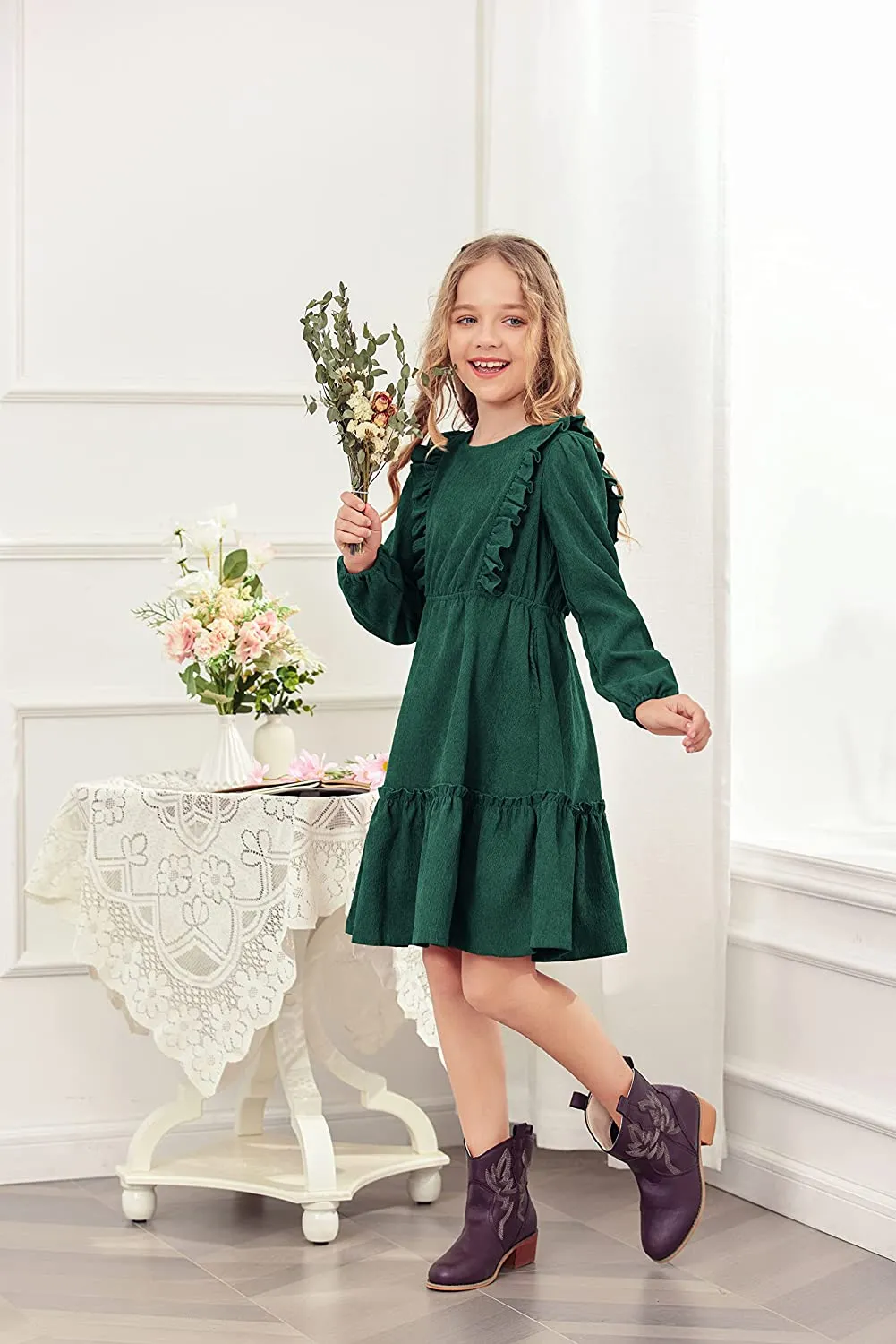 Arshiner Girls Dresses A-line Ruffled Button Corduroy Swing Dress