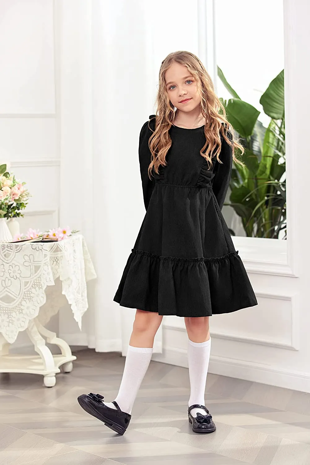 Arshiner Girls Dresses A-line Ruffled Button Corduroy Swing Dress
