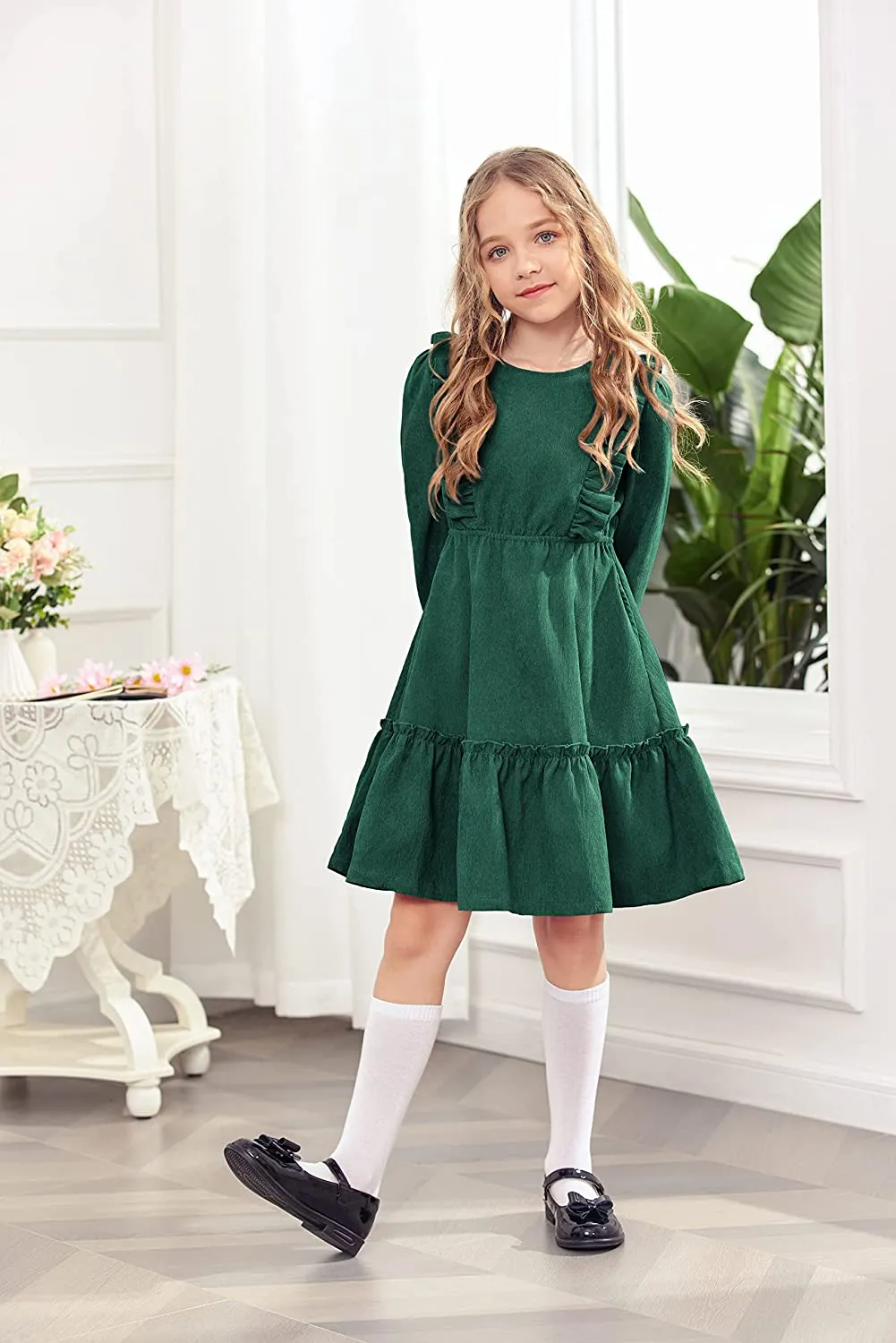 Arshiner Girls Dresses A-line Ruffled Button Corduroy Swing Dress
