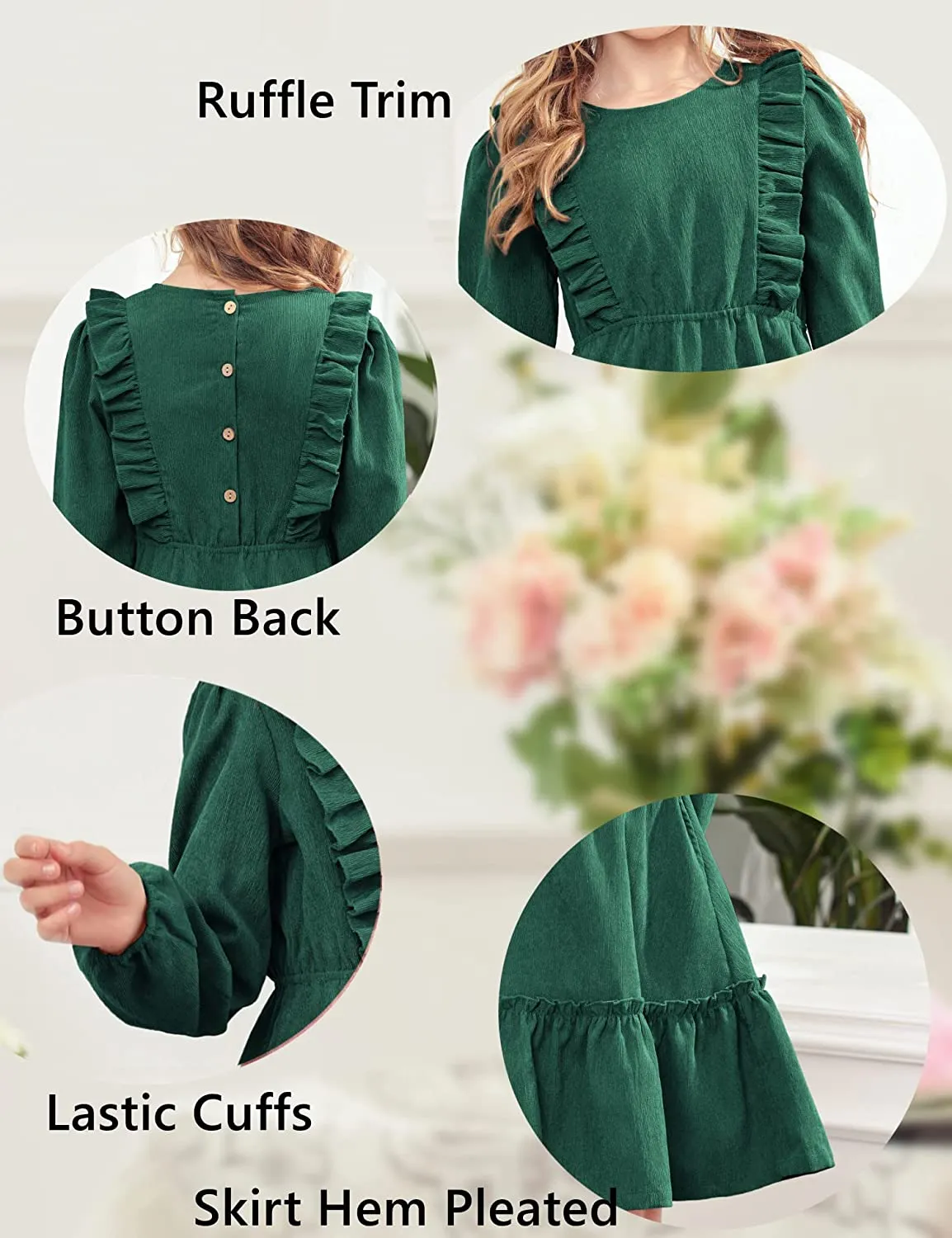 Arshiner Girls Dresses A-line Ruffled Button Corduroy Swing Dress