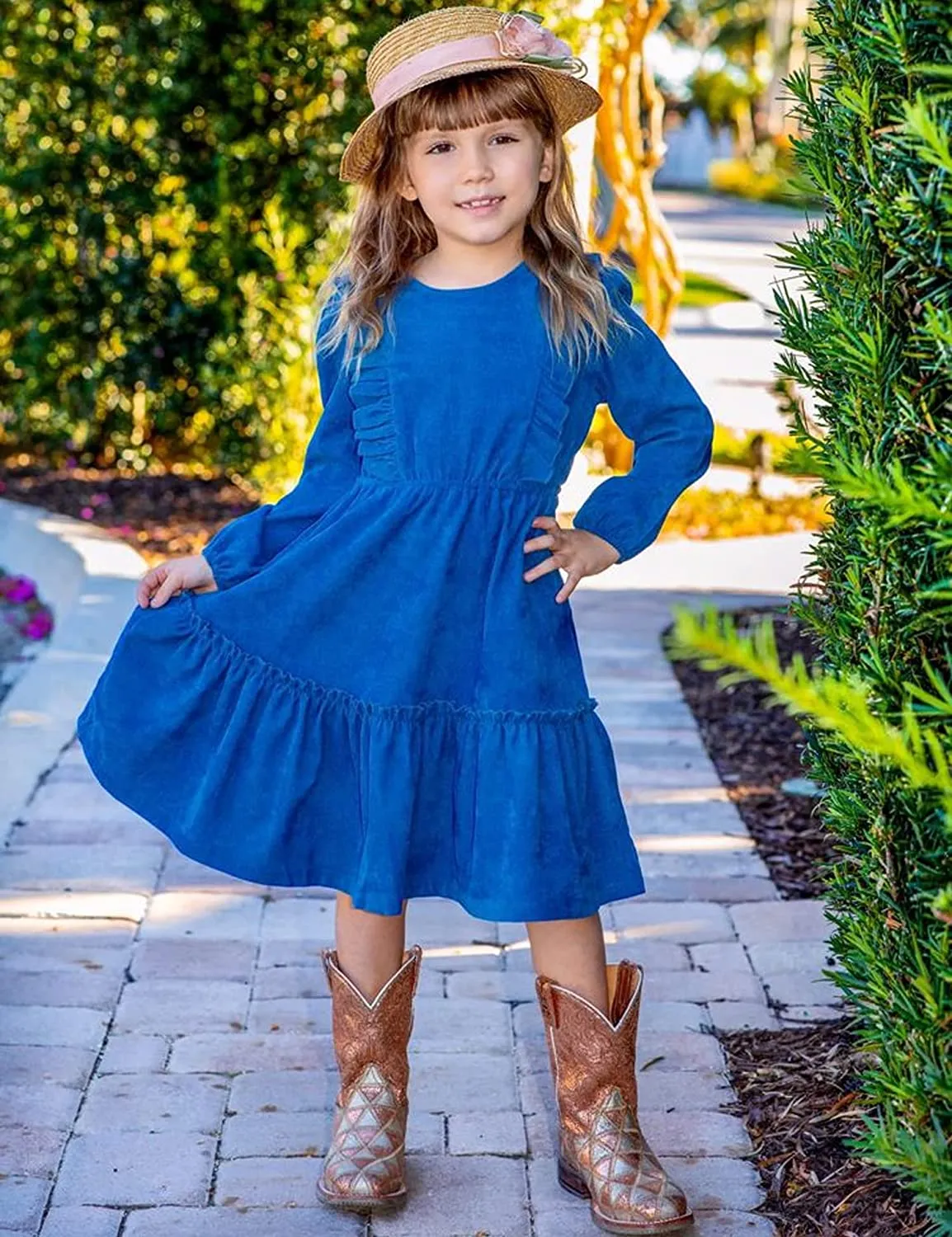 Arshiner Girls Dresses A-line Ruffled Button Corduroy Swing Dress
