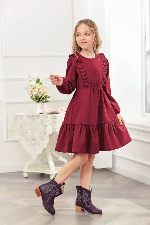 Arshiner Girls Dresses A-line Ruffled Button Corduroy Swing Dress