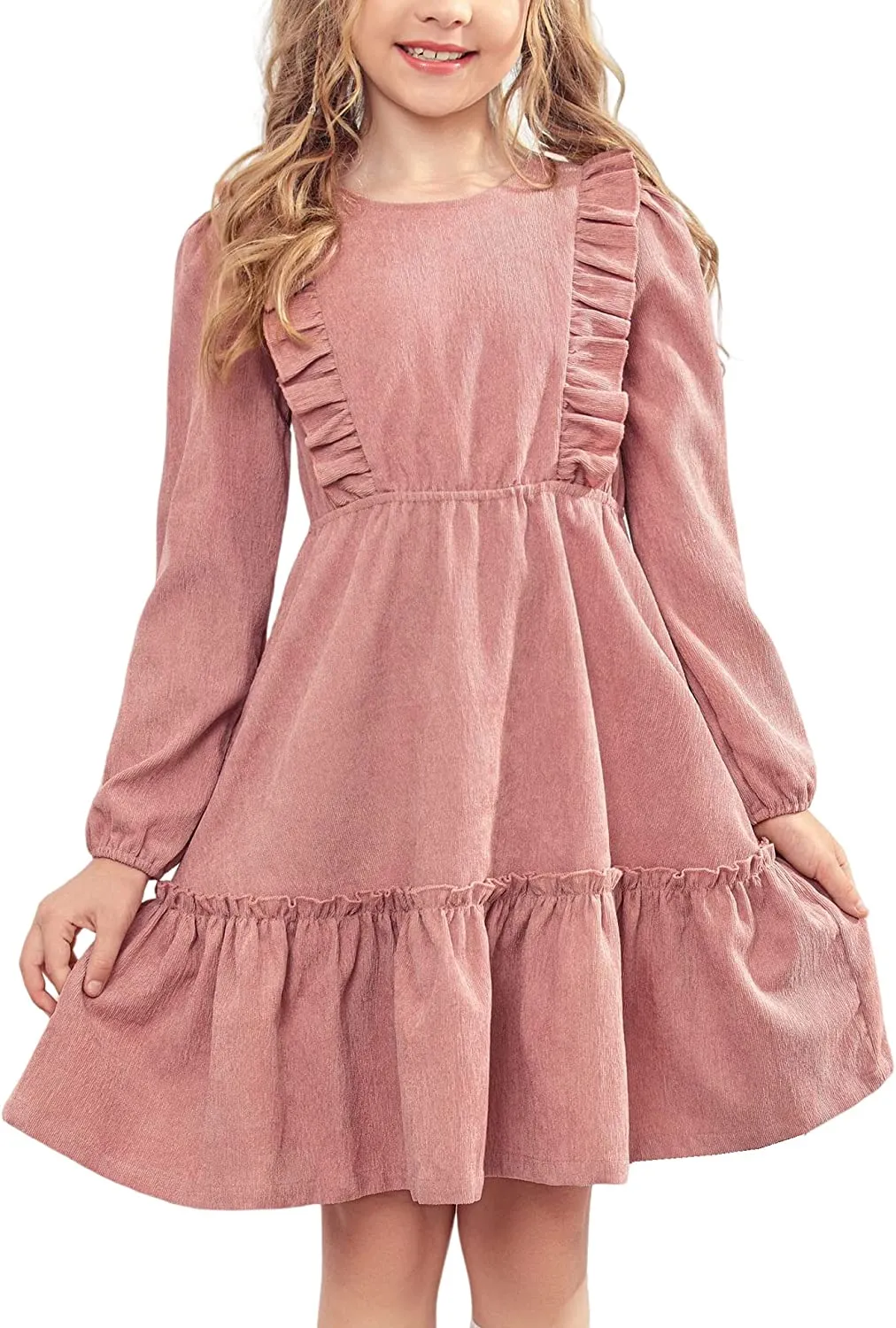 Arshiner Girls Dresses A-line Ruffled Button Corduroy Swing Dress