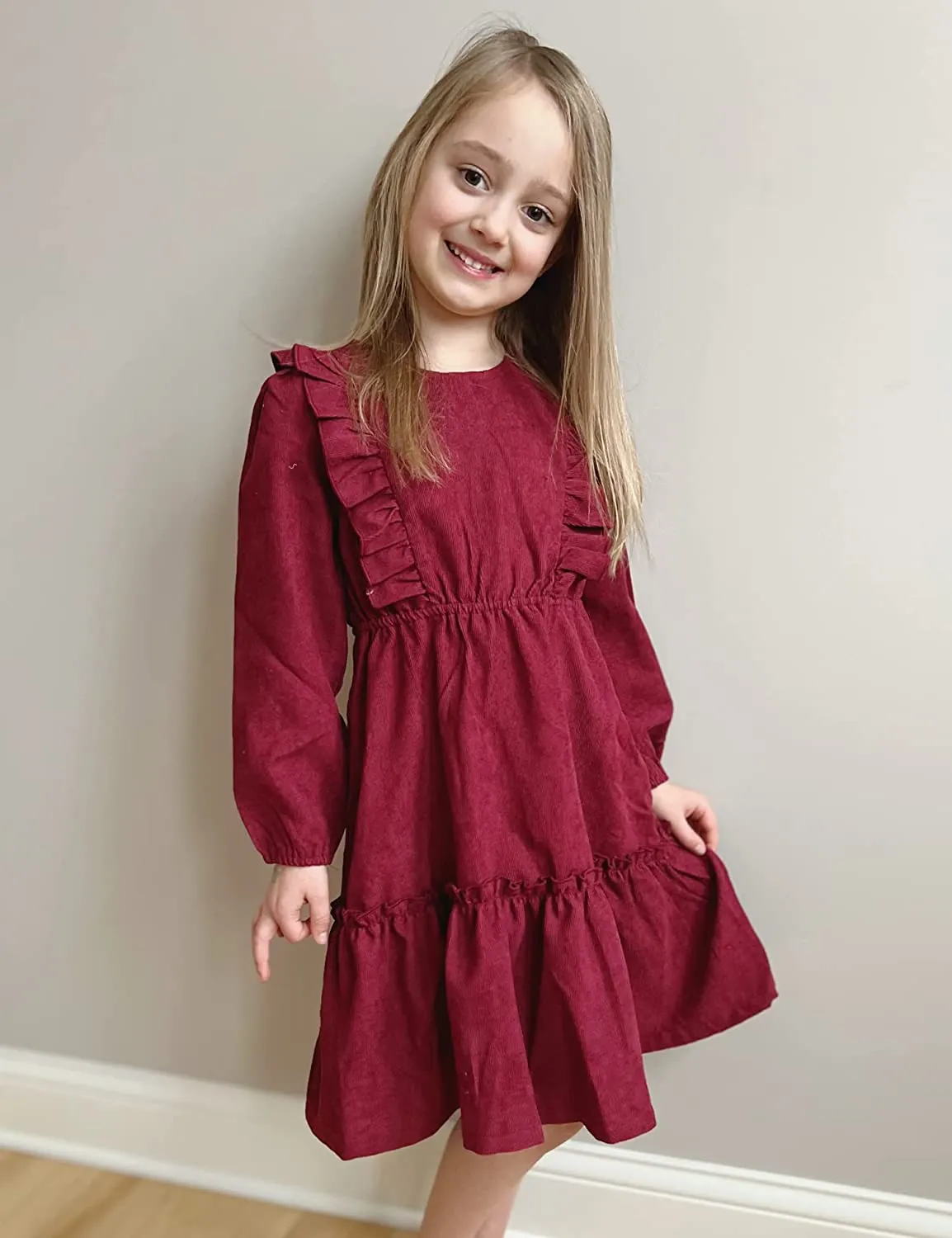 Arshiner Girls Dresses A-line Ruffled Button Corduroy Swing Dress