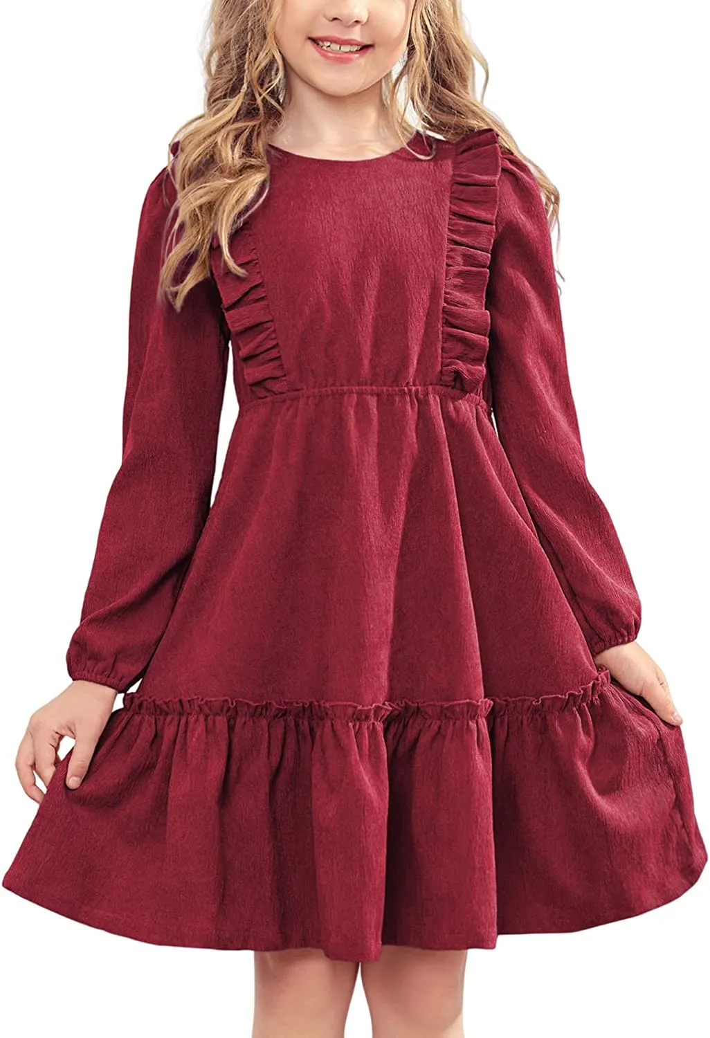 Arshiner Girls Dresses A-line Ruffled Button Corduroy Swing Dress