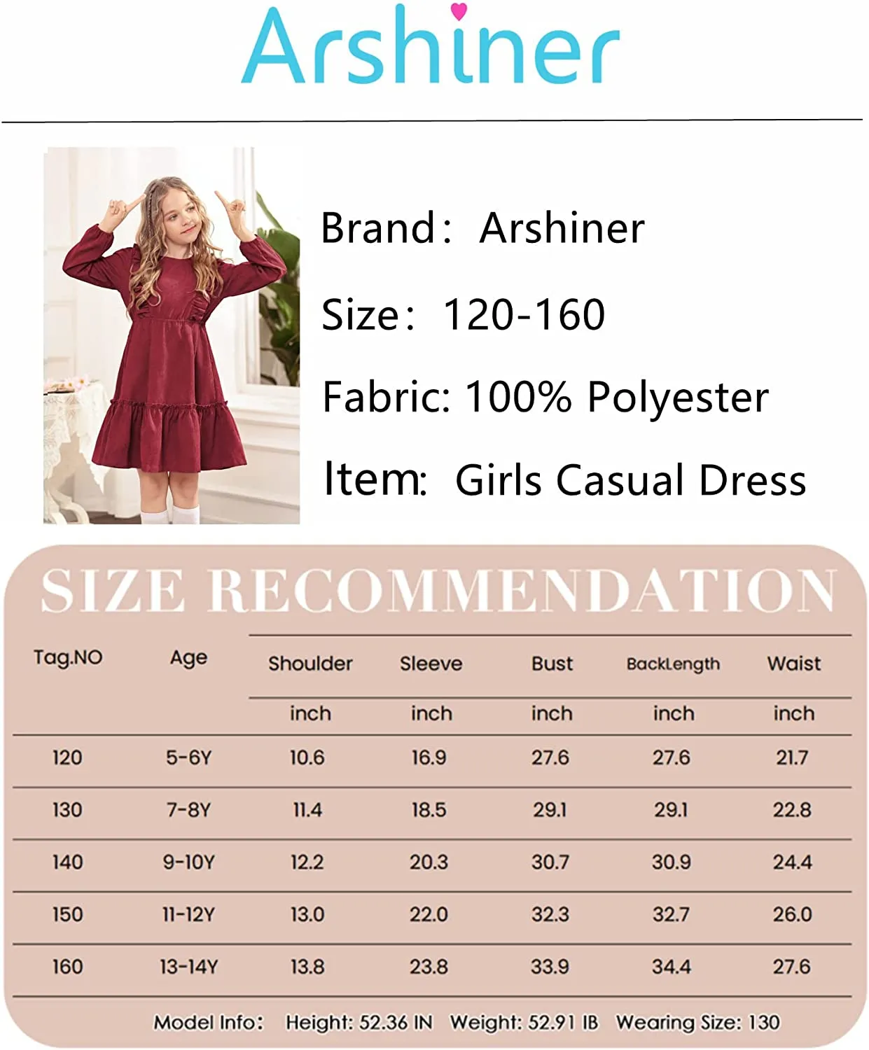 Arshiner Girls Dresses A-line Ruffled Button Corduroy Swing Dress
