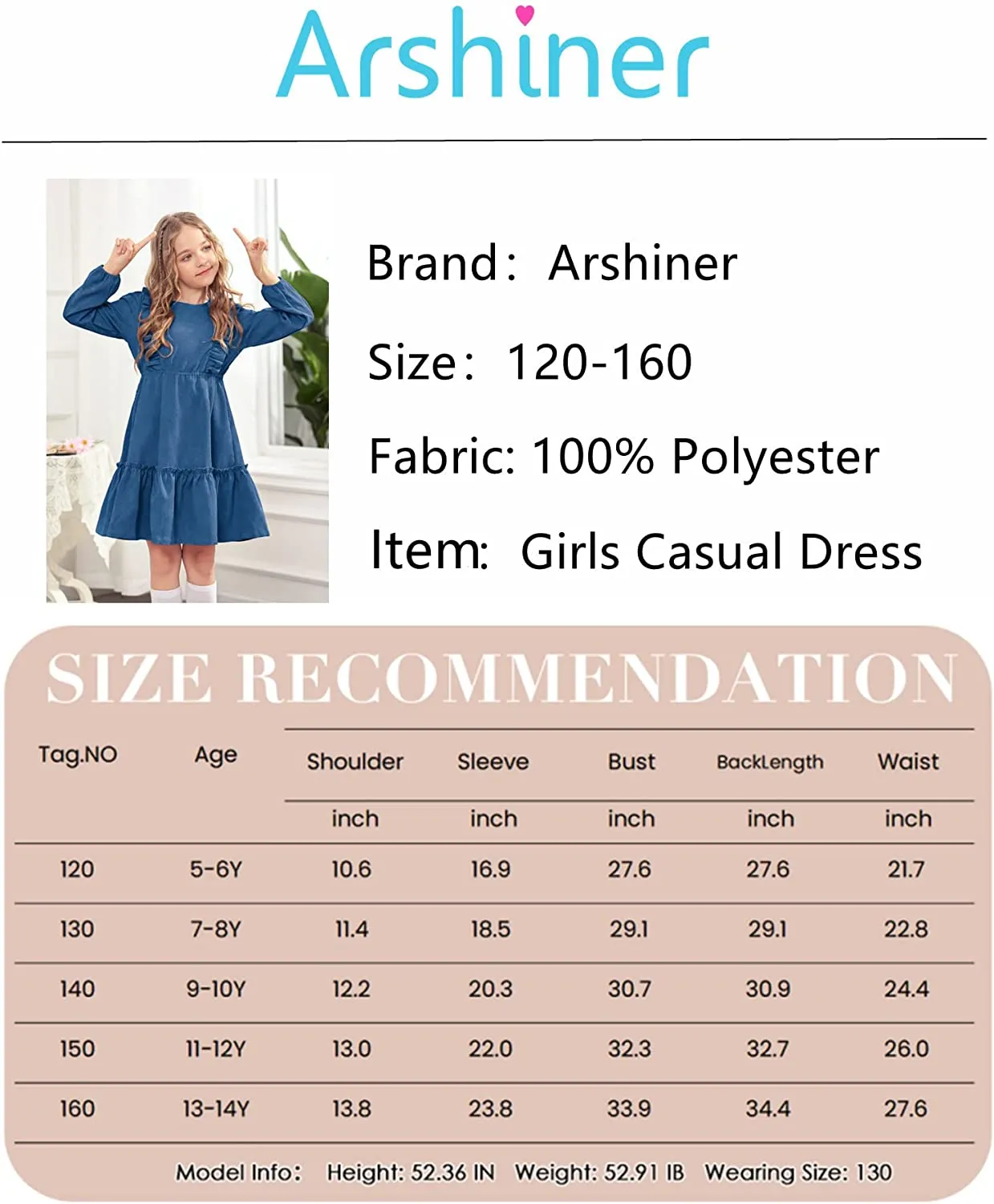 Arshiner Girls Dresses A-line Ruffled Button Corduroy Swing Dress