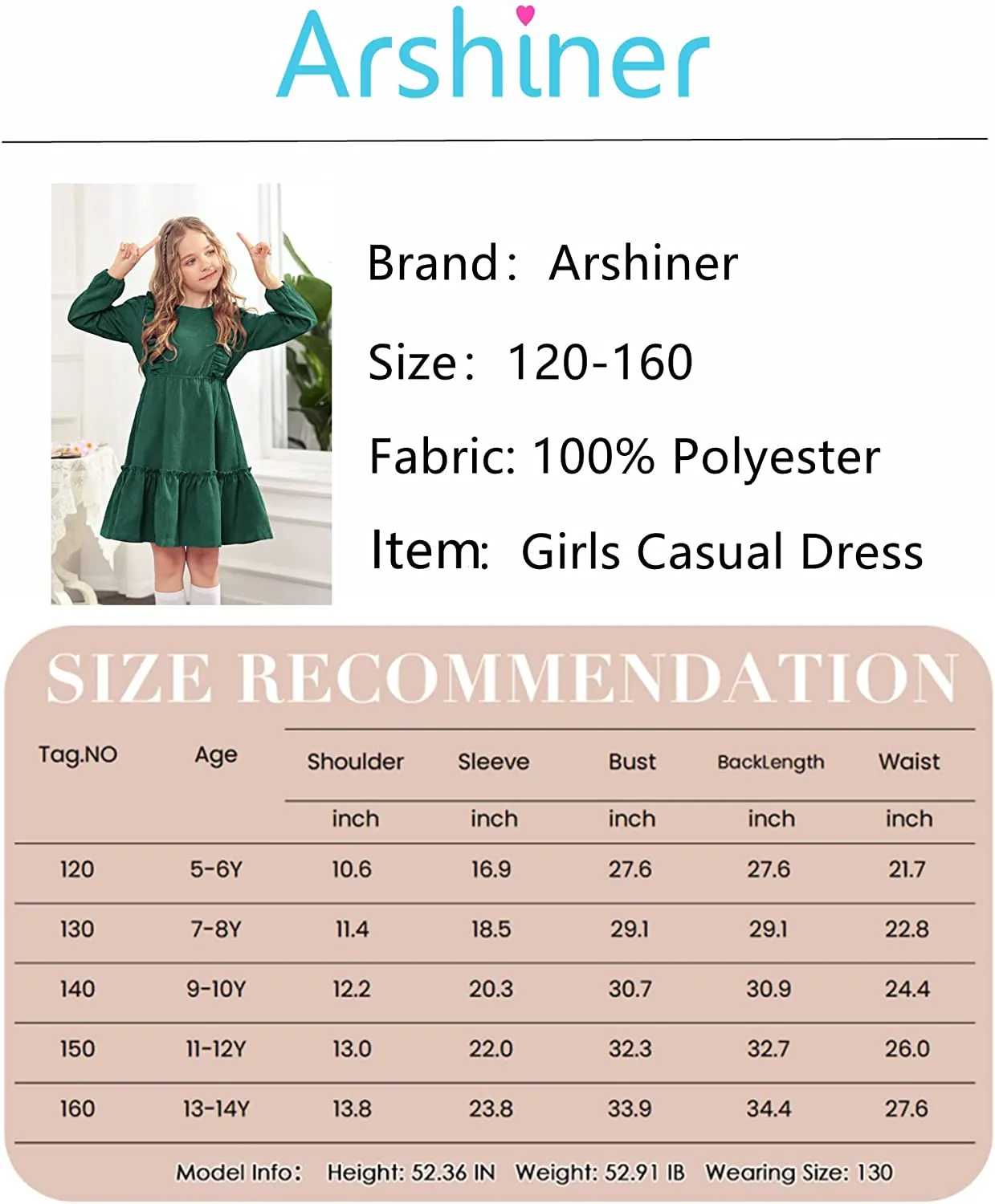 Arshiner Girls Dresses A-line Ruffled Button Corduroy Swing Dress