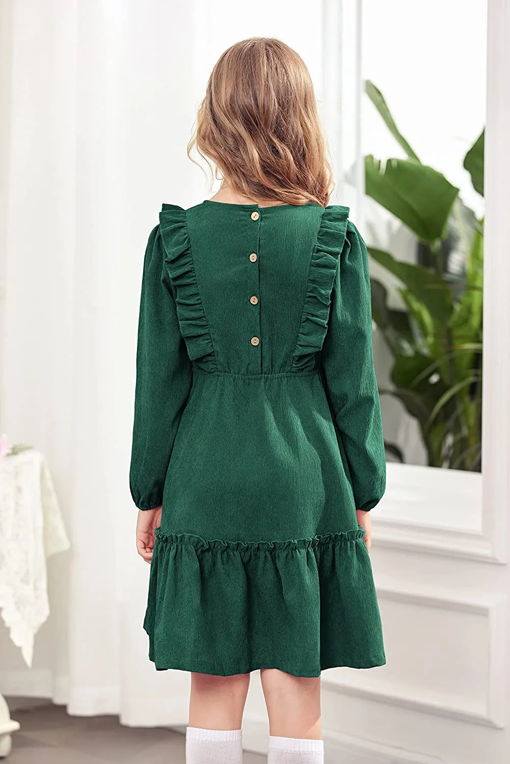 Arshiner Girls Dresses A-line Ruffled Button Corduroy Swing Dress