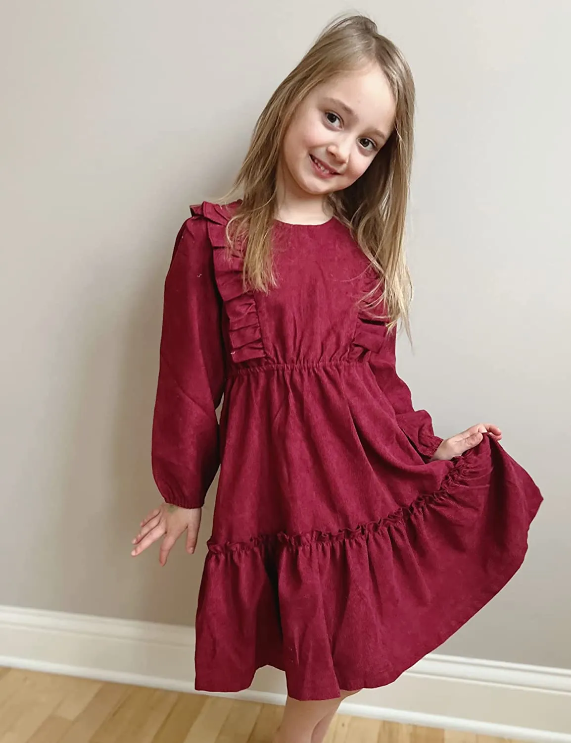 Arshiner Girls Dresses A-line Ruffled Button Corduroy Swing Dress