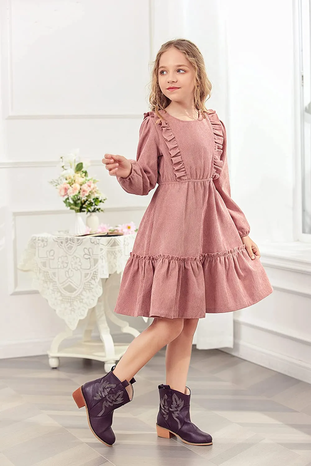 Arshiner Girls Dresses A-line Ruffled Button Corduroy Swing Dress